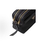 PRADA women\'s black crossbody single-shoulder bag with an enamel metal triangular logo on the front